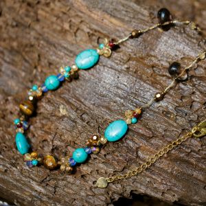 Silk Thread Blue Turquoise and Tiger Eye Gemstone Beads Crystal Cluster Necklace, 17"-19"