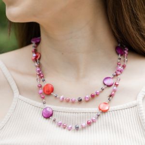 Pink & Purple Mother of Pearl Shell and Cultured Freshwater Pearl Crystal Beads Long Necklace 34-36"