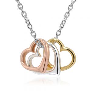 925 Sterling Silver and Rose Gold Three Tone Triple Hearts Pendant Love Necklace, 16-18 inches