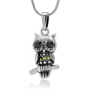 SUVANI Oxidized Sterling Silver Owl Bird Standing on Tree Branch Marcasite Pendant Necklace, 18 inches