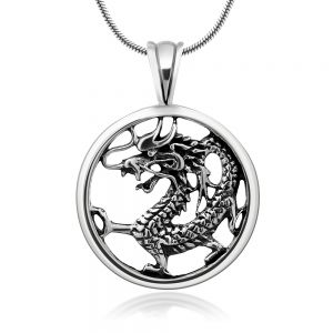 SUVANI Oxidized Sterling Silver Detailed Dragon Luck Wisdom and Longevity Pendant Necklace, 18 inches