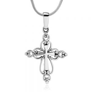 SUVANI 925 Oxidized Sterling Silver Open Filigree Cross Pendant Necklace, 18 inches