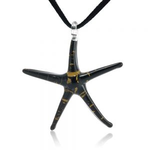 Hand Painted Murano Glass Black Golden Glitter Starfish Black Leather Pendant Necklace, 18-20 inches