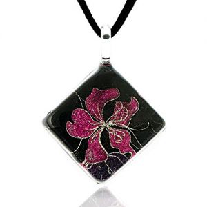 Hand Blown Venetian Murano Glass Pink Hibiscus Orchid Flower Pendant Necklace, 17-19 inches