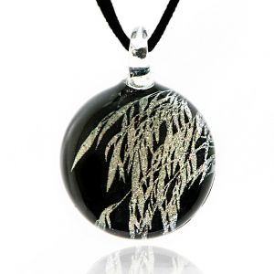 Hand Blown Venetian Murano Glass Abstract Black Bamboo Leaves Round Pendant Necklace, 17-19 inches