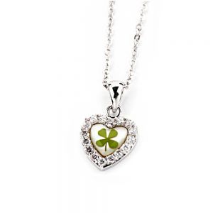 Stainless Steel Real Irish Four Leaf Clover Heart Shaped Pendant Necklace, 16-18 inches