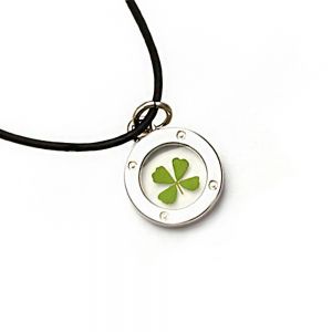 Black Cord Real Irish Four Leaf Clover Symbol of Good Luck Clear Round Pendant Necklace, 16-18"