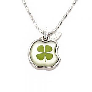 Stainless Steel Real Irish Four Leaf Clover Apple Good Luck Teacher Pendant Necklace, 16-18 inches