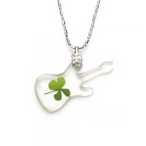 Stainless Steel Real Irish Four Leaf Clover Guitar Good Luck Music Pendant Necklace, 16-18 inches