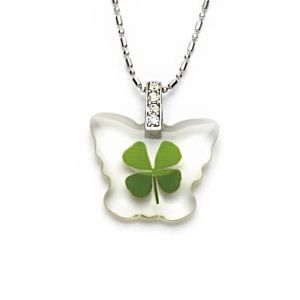 Stainless Steel Real Irish Four Leaf Clover Little Butterfly Pendant Necklace, 16-18 inches