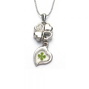 Stainless Steel Real Lucky Four Leaf Clover Shamrock Dangling Heart Pendant Necklace, 16-18 inches