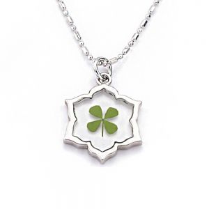 Stainless Steel Real Four Leaf Clover Good Luck Symbol Flower Shaped Pendant Necklace, 16-18”