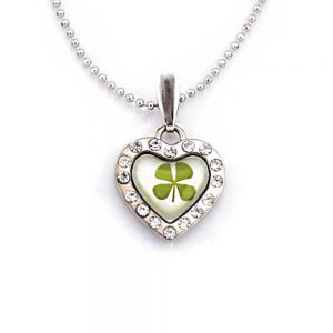 Stainless Steel Real Four Leaf Clover Good Luck Heart Pendant Necklace, 16-18 inches