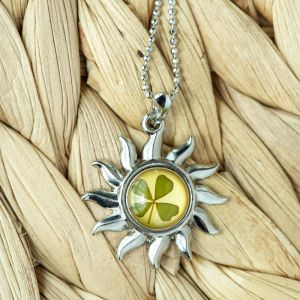 SUVANI Stainless Steel Real Four (4) Leaf Clover Good Luck Shamrock Sun Pendant Necklace, 16-18 inches