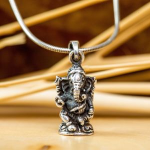 SUVANI Oxidized Sterling Silver 3D Hindu Lord Ganesh Ganesha God of Fortune 10 mm Small Pendant Necklace, 18 inches