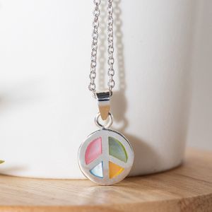 SUVANI Sterling Silver Multi-Colored Mother of Pearl Shell Peace Love Symbol Sign Necklace 18''