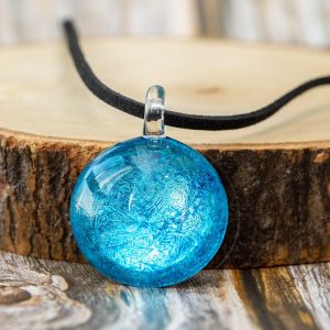 SUVANI Hand Blown Glass Jewelry Shimmer Bright Blue Round Pendant Necklace, 17-19 inches Leather Cord