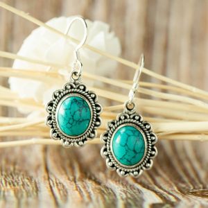 SUVANI Oxidized Sterling Silver Blue Turquoise Gemstone Oval Rope Edge Vintage Dangle Earrings 1.4"