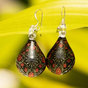 SUVANI Sterling Silver Glass Jewelry Black Pink Flower Mandala Design Dangle Teardrop Earrings