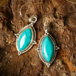 SUVANI Sterling Silver Blue Turquoise Gemstone Vintage Marquise Shape Rope Edge Dangle Hook Earrings 1.4"