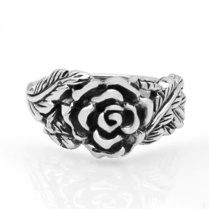 925 Oxidized Sterling Silver 34 mm Vintage Rose Flower with Leaves Band Ring Women Jewelry Size 6
