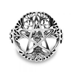 Sterling Silver Filigree Pentagram Pentacle Star Ancient Tree of life Symbol Round Band Ring
