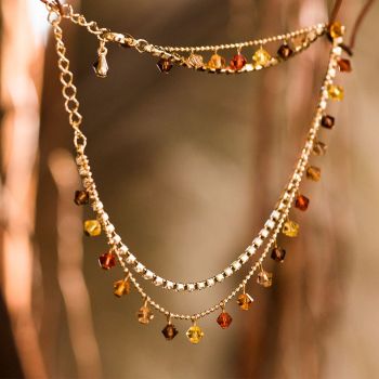 SUVANI 2-Strand Orange Red Faceted Swarovski Crystal and Cubic Zirconia CZ Gold-Plated Brass Anklet