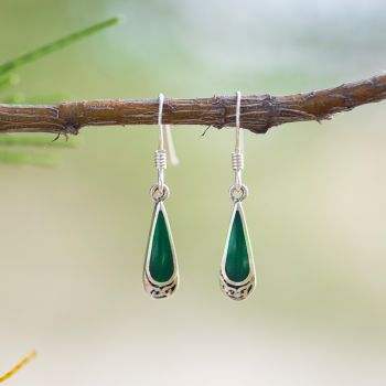 SUVANI Sterling Silver Bali Inspired Gemstone Green Malachite Celtic Design Dangle Hook Earrings