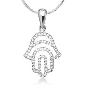 "925 Sterling Silver Cubic Zirconia CZ Hamsa Hand of Fatima Good Luck Protection Pendant Necklace 18"" "
