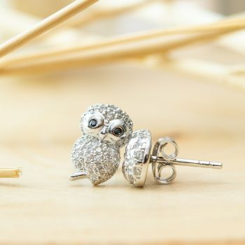 SUVANI 925 Sterling Silver White CZ Cute Little Owl Birds Post Stud Earrings 11 mm