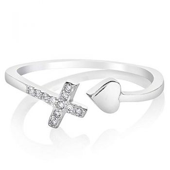 925 Sterling Silver Cubic Zirconia CZ Love of Jesus Cross Heart Band Ring Jewelry Size 6, 7, 8