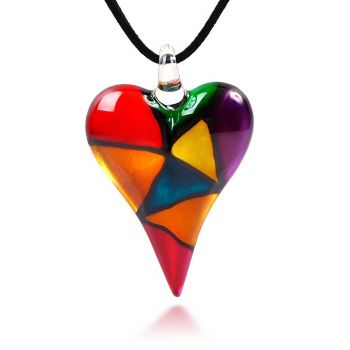 SUVANI Hand Blown Murano Glass Multi-Colored Mosaic Design Heart Pendant Necklace, 18-20 inches