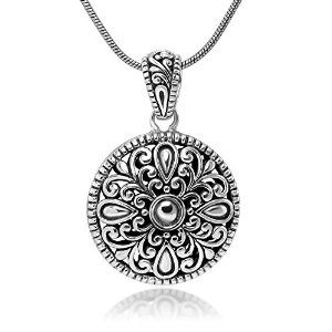 SUVANI Sterling Silver Filigree Mandala Flower Antique Design Round Pendant Necklace w/ 18" Silver Chain