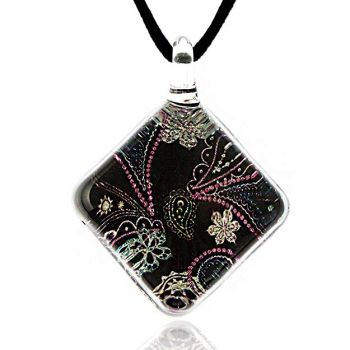Hand Blown Venetian Murano Glass Abstract Black Pastel Paisley Pattern Square Necklace, 17-19 inches
