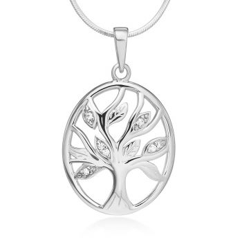 925 Sterling Silver Cubic Zirconia CZ Leaves Tree of life Symbol Oval Shaped Pendant Necklace 18"