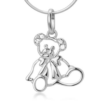 925 Sterling Silver Cubic Zirconia CZ Adorable Teddy Bear with Tied Ribbon Pendant Necklace 18"