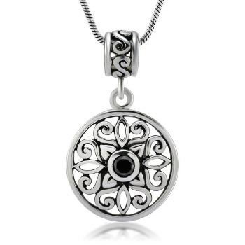 Sterling Silver Black CZ Cubic Zirconia Stone Filigree Mandala Flower Round Pendant Necklace 18''