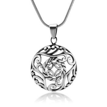 Sterling Silver Asian Inspired Open Filigree Leaf Vine Round Pendant Necklace 18"