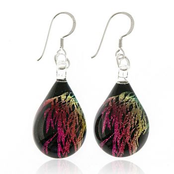 925 Sterling Silver Hand Painted Murano Glass Multi-Colored Glitter Bamboo Leaves Dangle Earrings