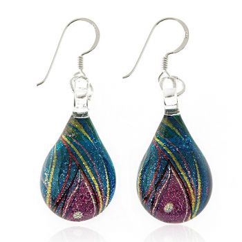 SUVANI Sterling Silver Hand Painted Glass Multi-colored Blue Peacock Feather Teardrop Dangle Earringss