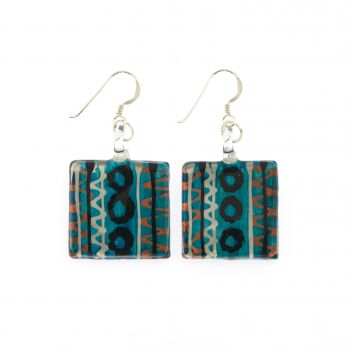 925 Sterling Silver Hand Painted Murano Glass Multi-Colored Blue Square Dangle Earrings 1.7