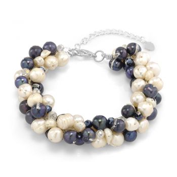 SUVANI Silk Thread Freshwater Cultured Pearl White and Peacock Black Cluster Bracelet 7.5''-9.5"