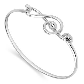 925 Sterling Silver Open G Clef Musical Note Music Lover Openable Hook Bangle Bracelet 8 inches
