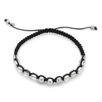 SUVANI Sterling Silver Hand Woven Black Cotton Cord Silver Ball White Crystal Beads Unisex Bracelet 6”-10”