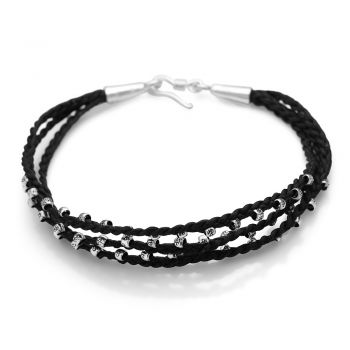 SUVANI Sterling Silver Hand Woven Black Cotton Cord 3-Strand Silver Ring Beads Tribal Unisex Bracelet 7.5”