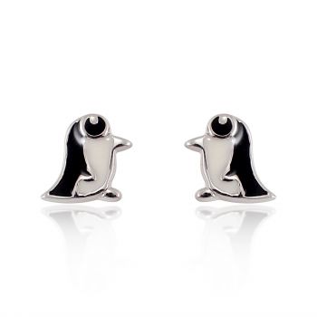 Children's 925 Sterling Silver Black White Penguin 9 mm Post Stud Earrings