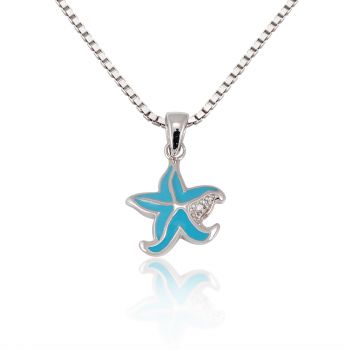 Children's 925 Sterling Silver Cubic Zirconia CZ Blue Starfish Pendant Necklace, 13-15 inches