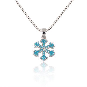 Children's 925 Sterling Silver Cubic Zirconia CZ Blue Snowflake Pendant Necklace, 13-15 inches