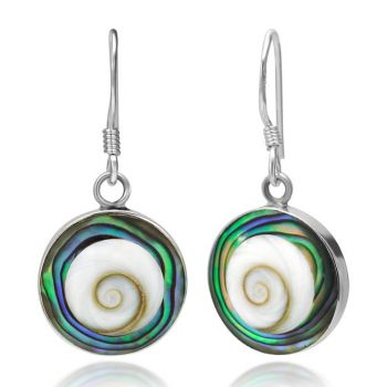 SUVANI 925 Sterling Silver Abalone and Shiva Eye Shell Inlay Round Dangle Hook Earrings
