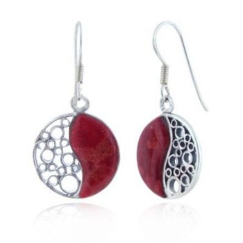 SUVANI 925 Sterling Silver Red Bamboo Coral Inlay Yin Yang Dangle Hook Earrings